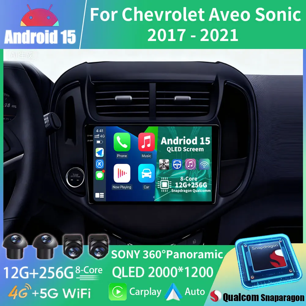 Wireless CarPlay Android 15 Auto Radio For Chevrolet Aveo Sonic 2017 - 2021 Stereo Car Multimedia Video Player GPS 5G WIFI DSP
