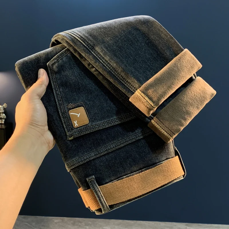 

Мужские зимние джинсы на флисовой подкладке, новинка 2025, модные модные эластичные теплые утолщенные прямые облегающие узкие брюки