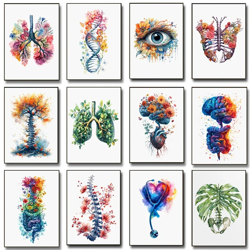 No Framed Printing Picture Anatomy Of Human Organs Posters Flower Lungs Watercolor Neurology Psychologist Canvas Painting Wall