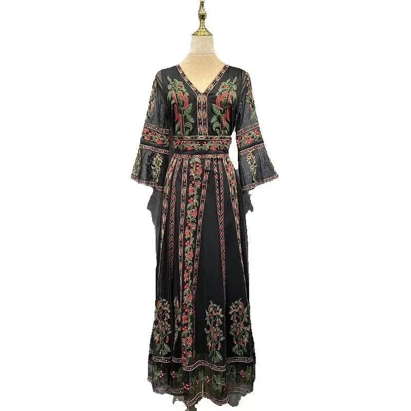 Seifrmann 2026 Frühling Damen Neues Modisches V-Ausschnitt Kurzarm-Kleid mit Mesh-Stickerei und Taillenbetonung