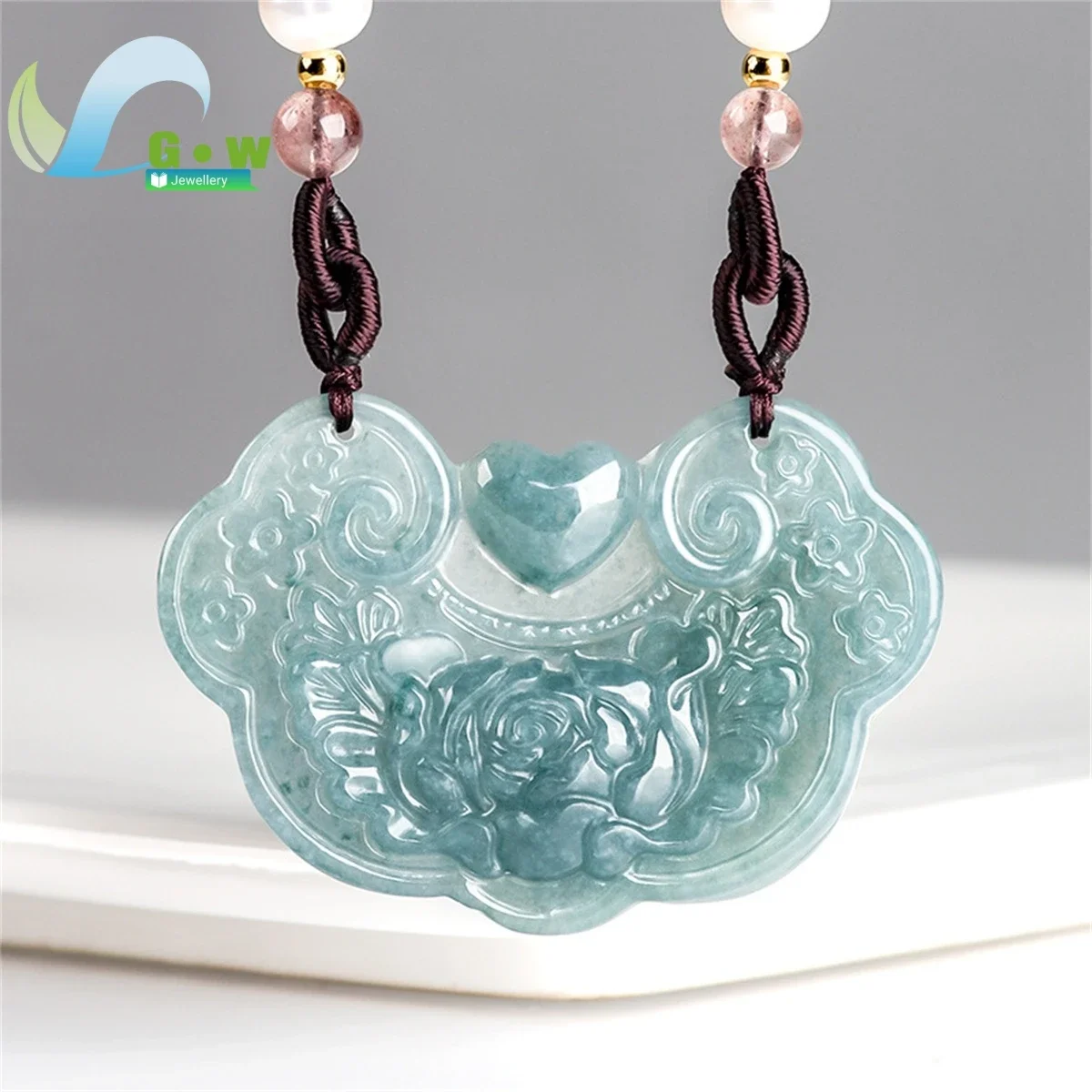 Blue Water Jadeite Necklace Natural Floral Pendant AAA Quality Myanmar Jade Jewelry Translucent Greenish Blue Stone Gift For Her