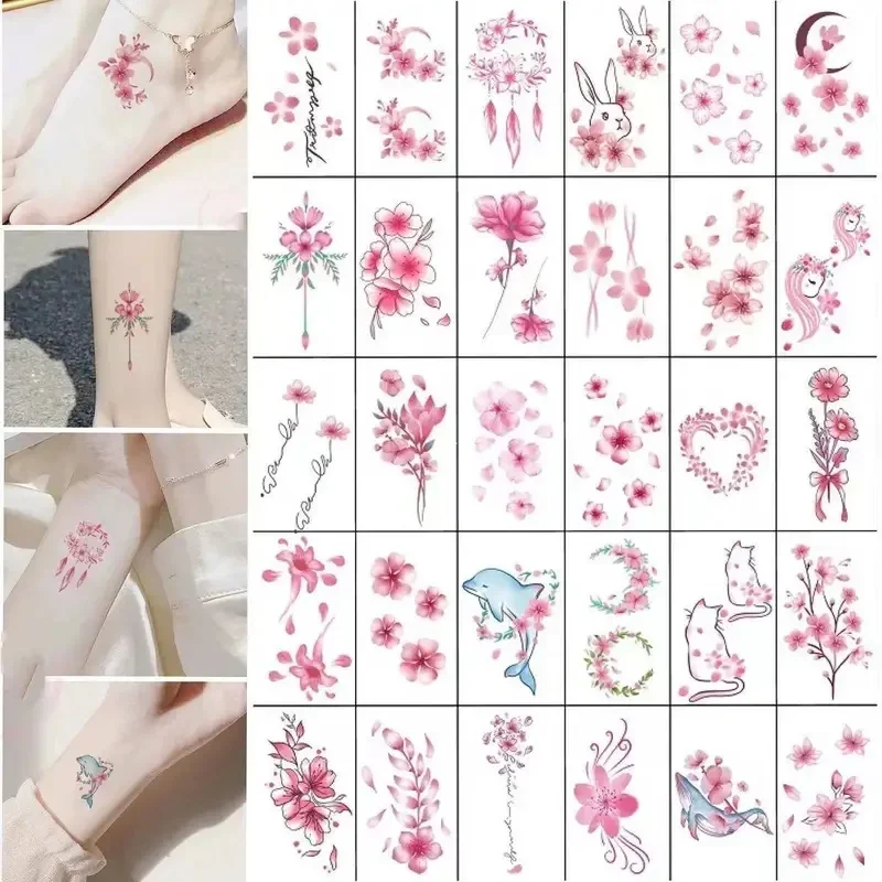 30pcs/lot Pink Fake Tattoos Stickers for Women Female Dreamcatcher Flower Heart Temporary Tattoos Body Shoulder Water Transfer