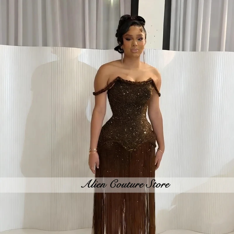 

Brown Tassel Evening Dress African Woman Sexy Off-Shoulder Beaded Bustier Prom Gown Elegant Floor-Length Party Dress Customized