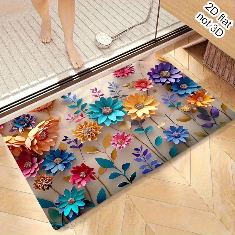 Decorative Floral Print Polyester Bath Mat Rug Waterproof Non Slip Bathroom Decoration Vanity Area Decor