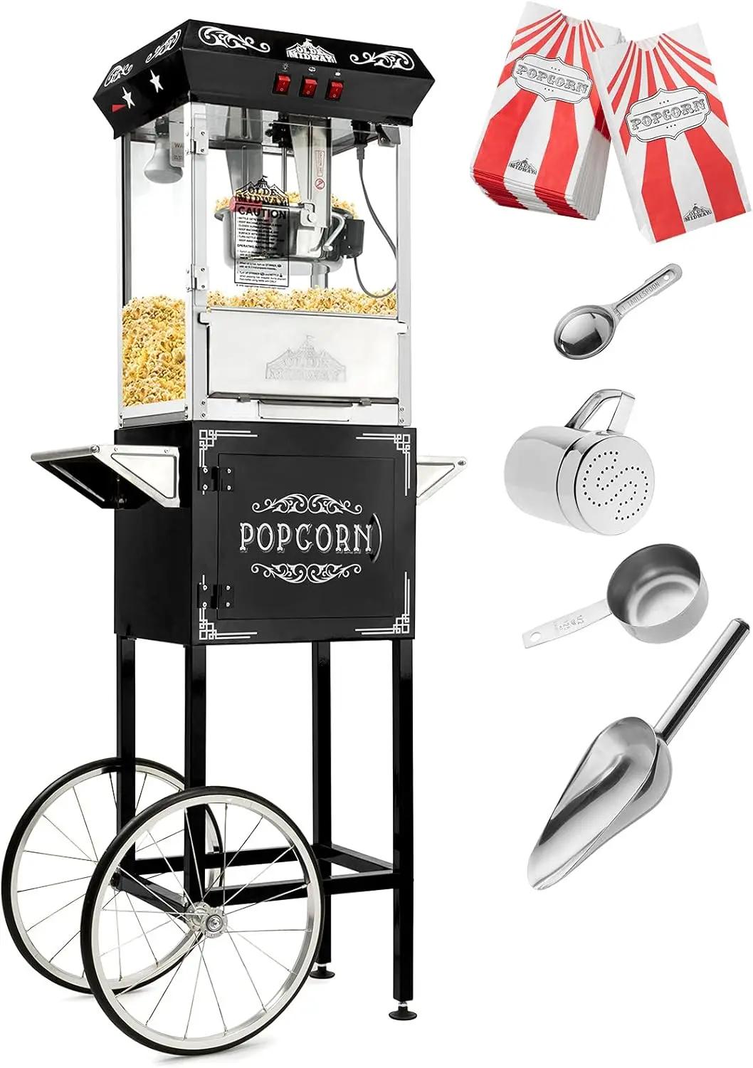 Midway Vintage Style Popcorn Machine Maker Popper with Cart and 8-Ounce Kettle - Black