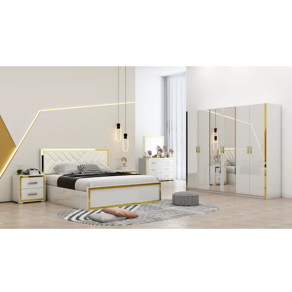 Cama King con espejo dorado con almacenamiento, juegos de dormitorio modernos de 5 piezas, muebles Chambre a Coucher, decoración con espejo, camas tamaño Queen