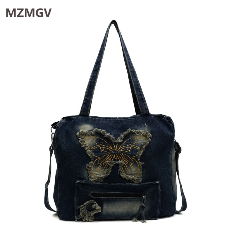 

Y2K Casual Butterfly Denim Shoulder Bag Vintage Large Capacity Hot Girls Washed Denim Tote Bag College Student Handbag Sac