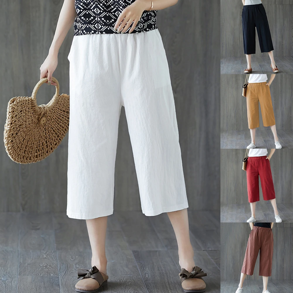 

Women Cotton Linen High Waist Man Pants Slight Strech Shorts Wide Leg Pockets Casual Cropped Trousers Classic Men's Clothing