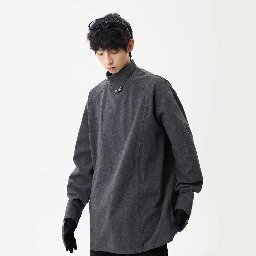 Autumn Winter Men's Grey Velvet Undershirts Loose Half High Neck Long Sleeve Spliced Hoodies American Vintage Casual T-shirts