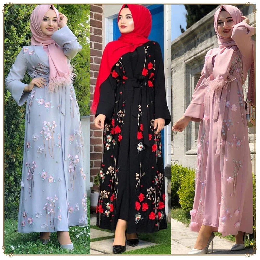 ผู้หญิงมุสลิม 3D ดอกไม้เย็บปักถักร้อย Abaya เปิดกิโมโนอาหรับ Robe ชุดยาวอิสลาม Kaftan Robe ชุดราตรี Elegant ชุดฤดูใบไม้ร่วง