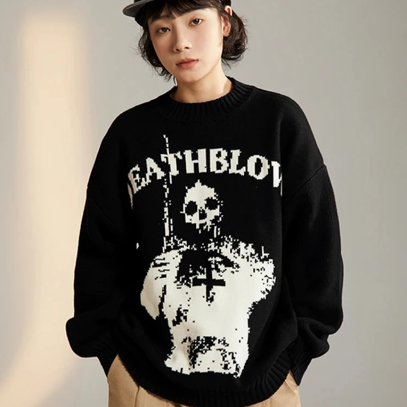 Y2k Winter Warme Halloween Übergroßen Pullover frauen Top Langarm Jumper Gestrickte Schädel Mantel Herbst Koreanische Gothic Harajuku Kapuze