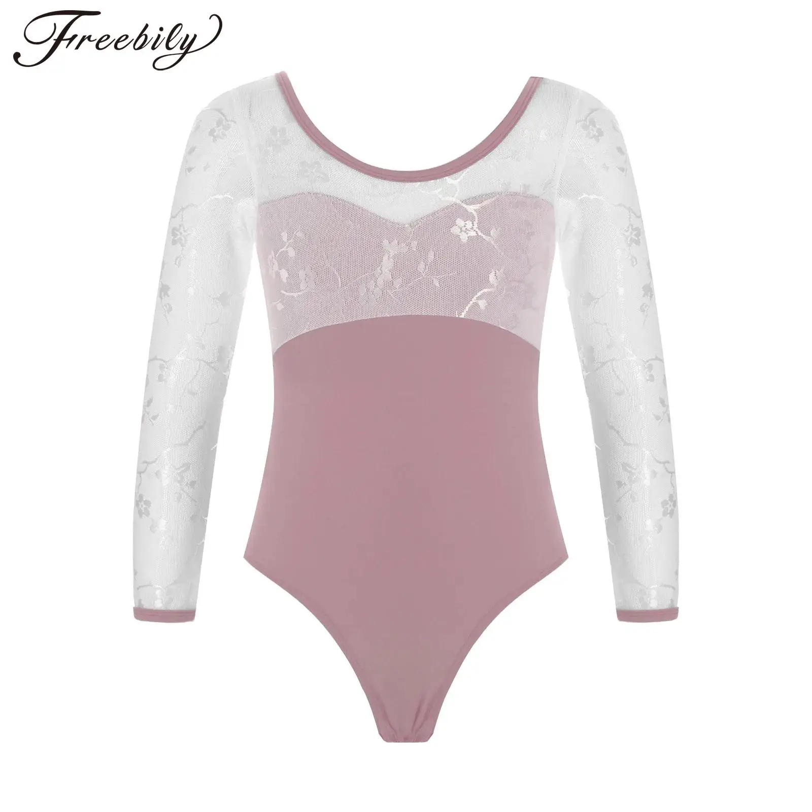 Kids Girls Classic Ballet Dance Leotard Costume Long Sleeve Sheer Lace Romper Bodysuit Ballerina Practice Training Dancewear