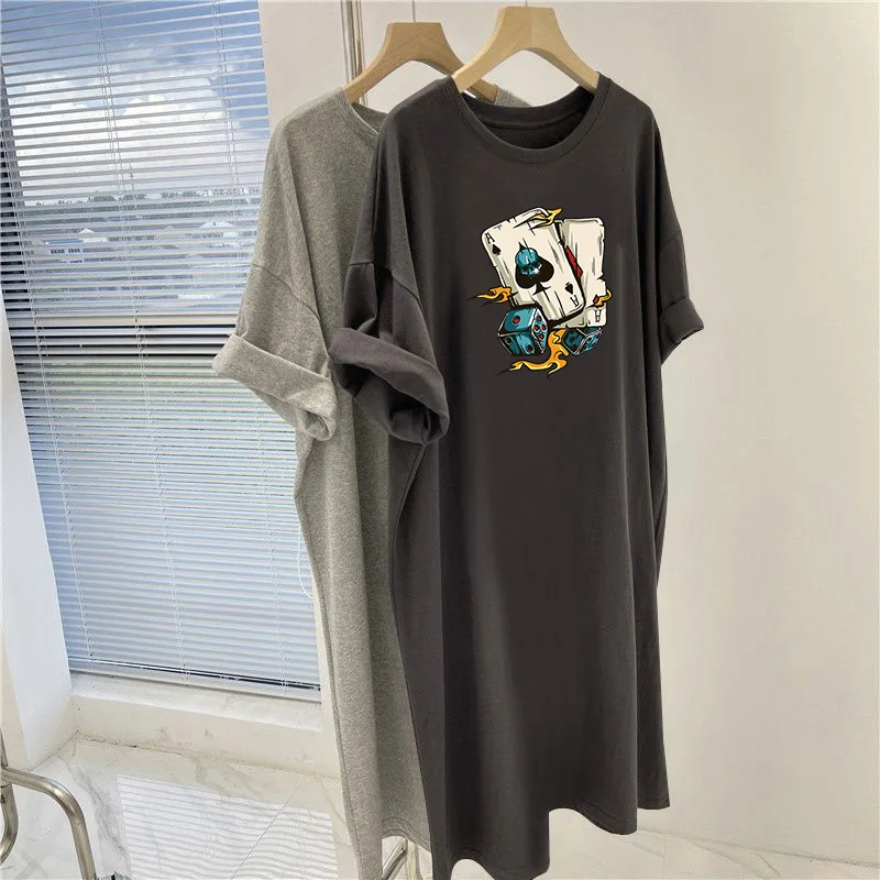 Women Clothing Loose Casual Overknee Tunic, Summer Cartoon Printed Short Sleeve Basic Dresses, Vintage O-neck Pullovers Dress