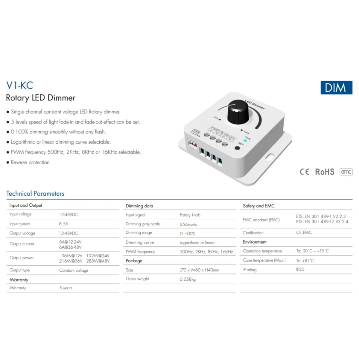 12-48VDC Skydance Rotary LED Dimmer V1-KC 1CH*8A  5 Levels Light Gradient Speed for Single Color LED Strip Tape 0-100% Dimming