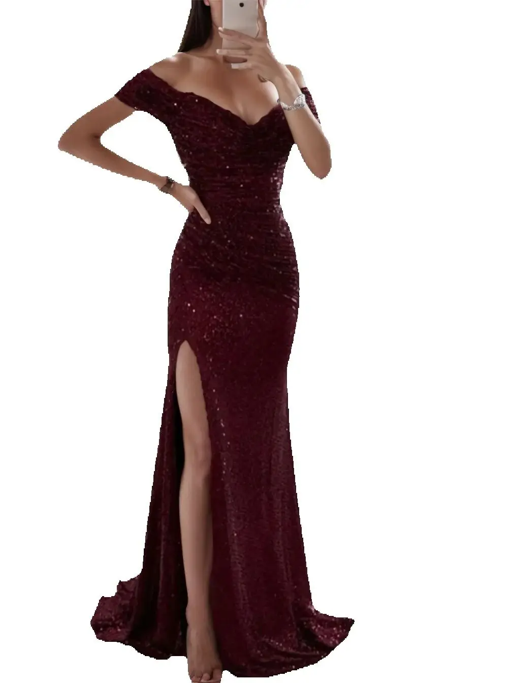 

Sexy High Split Double V-neck Off Shoulder Sequined Long Formal Evening Dress Bungundy