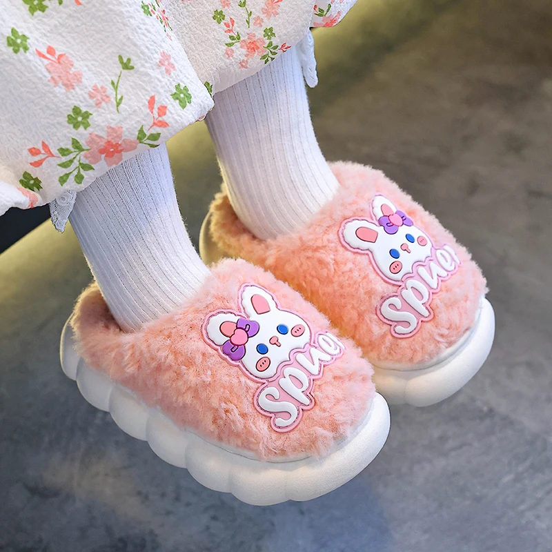 New Winter Cute Rabbit Bear Children\'s Warm Non-slip Plush Slippers For Girls Boys Home Indoor Fluffy Mule Kids Cotton Shoes