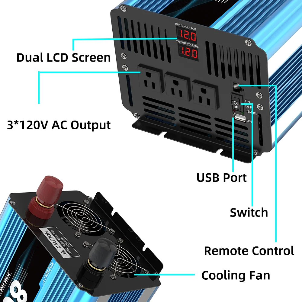 8000W Peak Power Inverter 3000W Pure Sine Wave DC 12V 24V To AC 120V with Remote Control and USB LCD Display Vehicles RV Boat