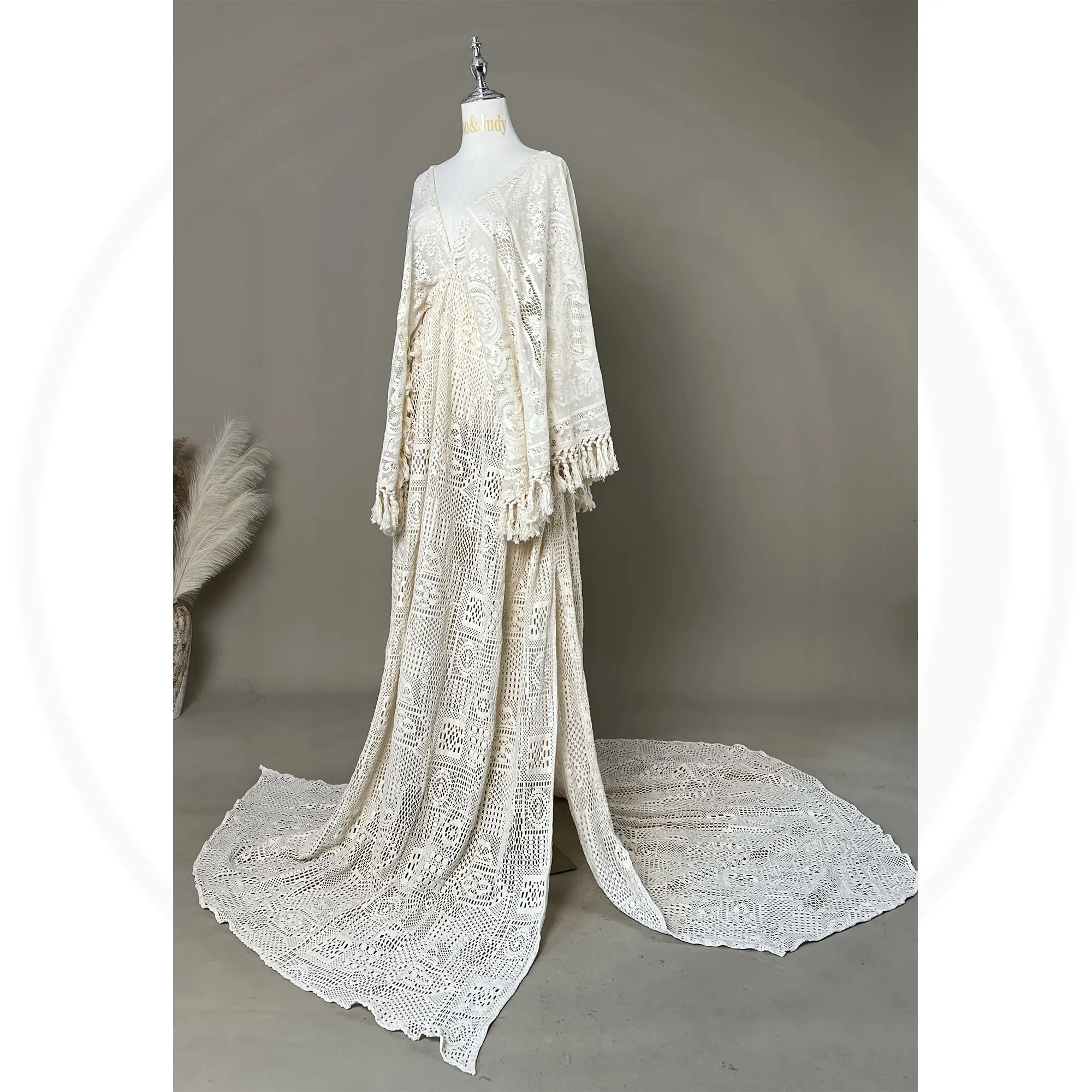 Beige Boho Maxi Long Bell Sleeves Maternity Cothing Pregnant Gown Lace Robe Couture Woman Photography Costume Baby Shower Dress