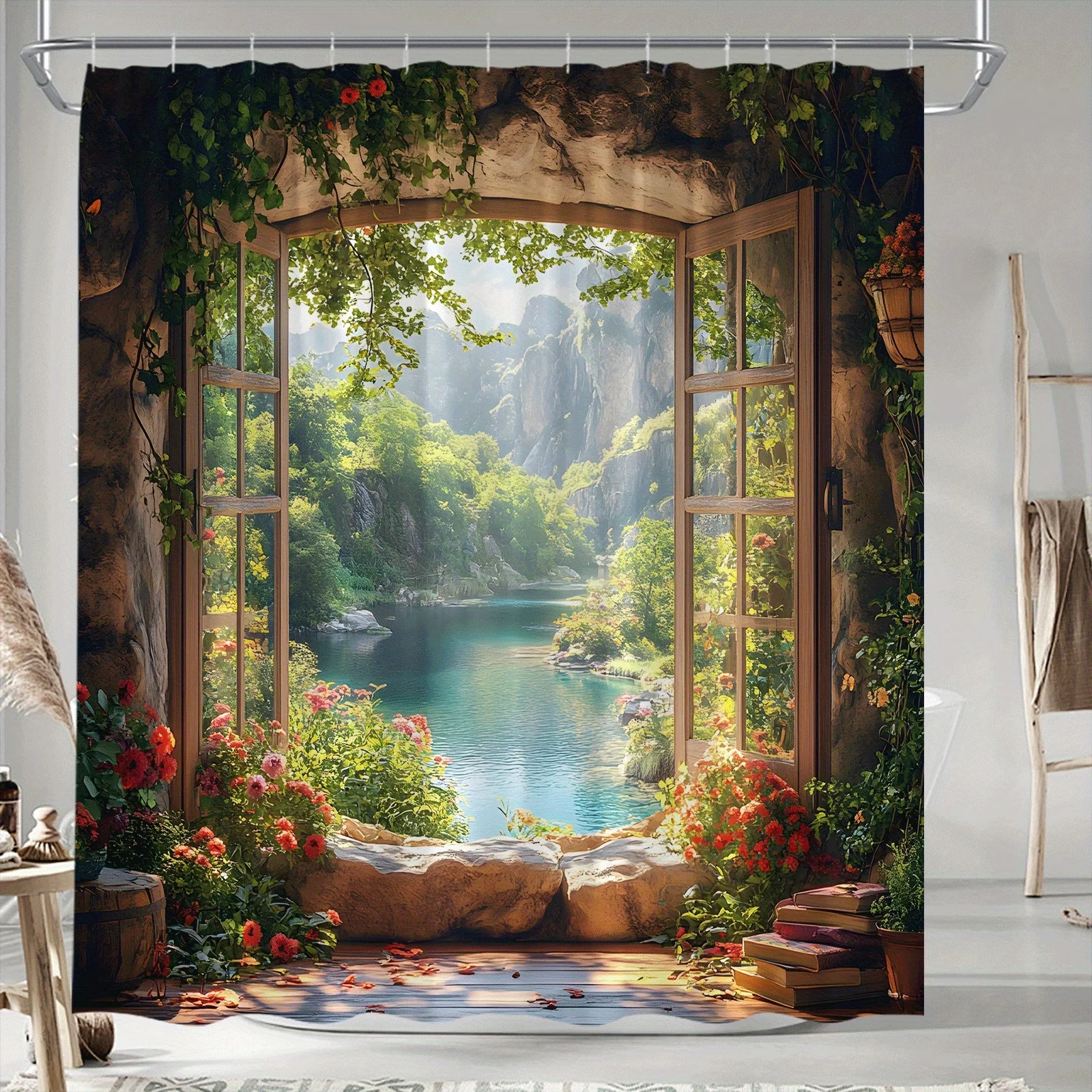 Transform Your Bathroom with this Waterproof Shower Curtain Featuring a Scenic Window View of Lush Mountains and Serene