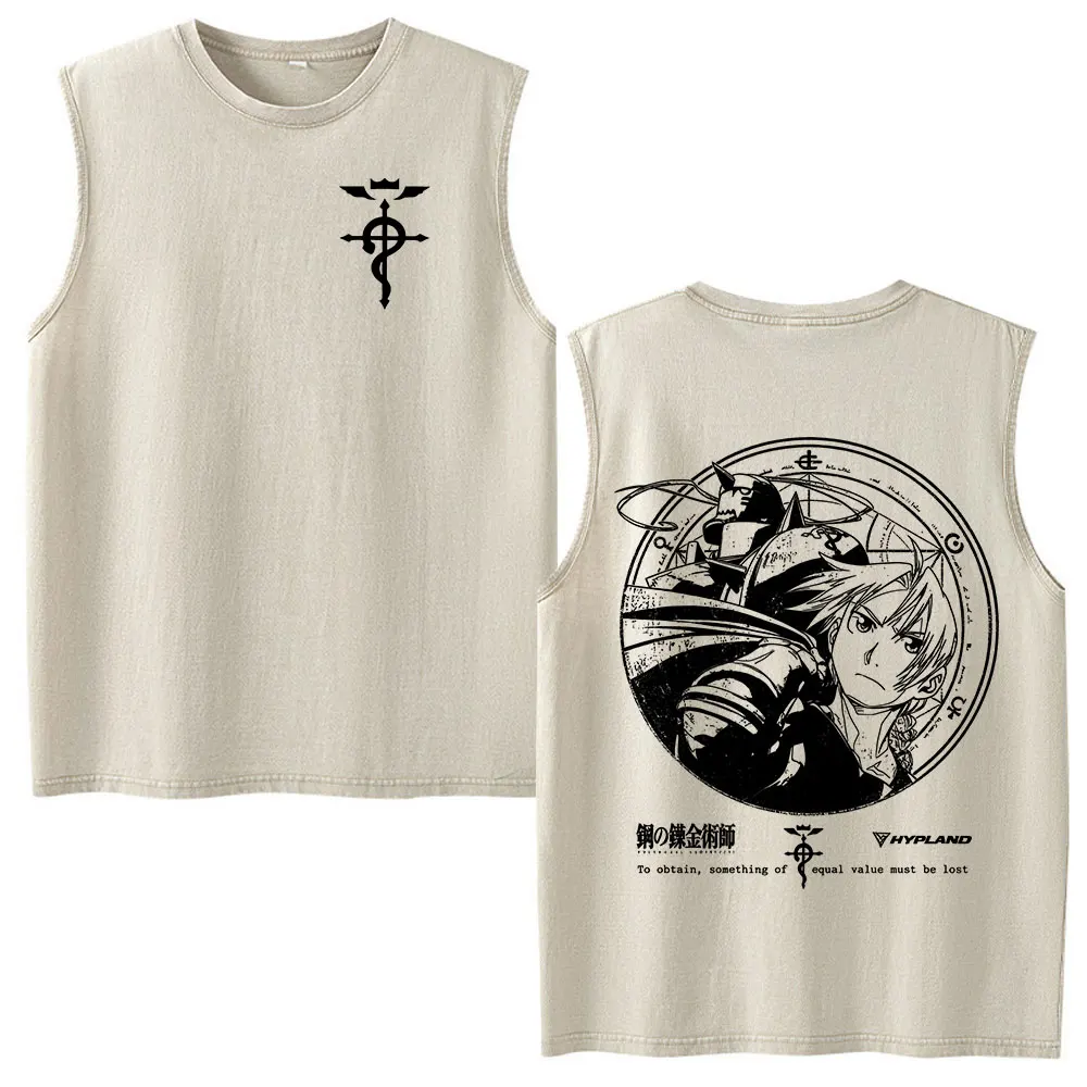 Anime Fullmetal Alchemist Edward Elric Alphonse Elric Vintage Acid Washed Tank Tops Men's Women Clothing Fashion Sleeveless Vest