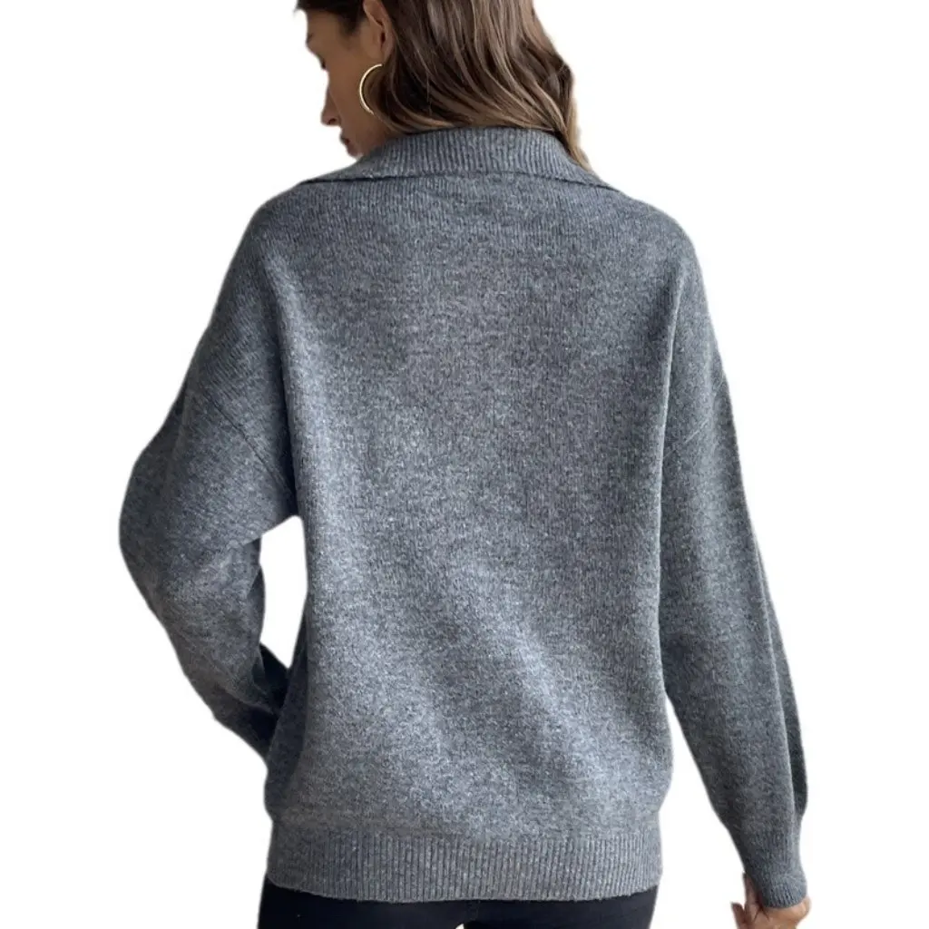 

Women's Long-Sleeved Lapel Sweater Solid Color Casual Loose Zipper Pullover Top European And American Style