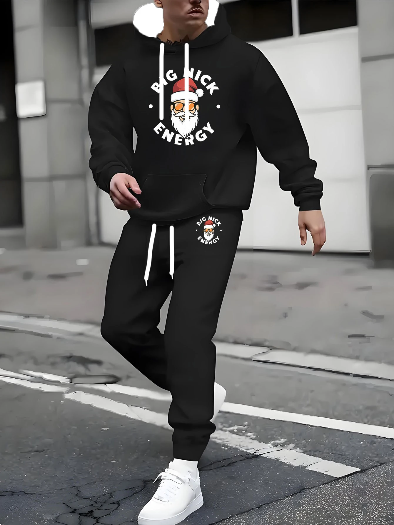 

Модный мужской комплект с капюшоном с портретным принтом Санта-Клауса, уличный костюм, дышащий быстросохнущий спортивный костюм, осенне-зимний повседневный комплект из двух предметов