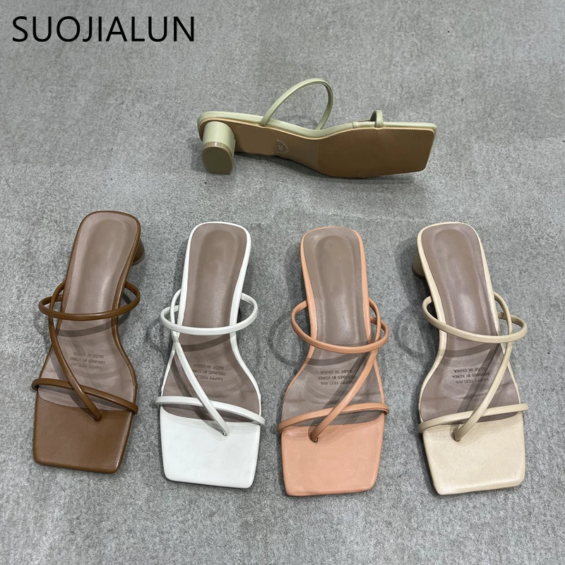 SUOJIALUN Summer Square Low Heel Women Slipper Fashion Narrow Band Ladies Sandal Outdoor Beach Casual Slides Shoes Big Size 40