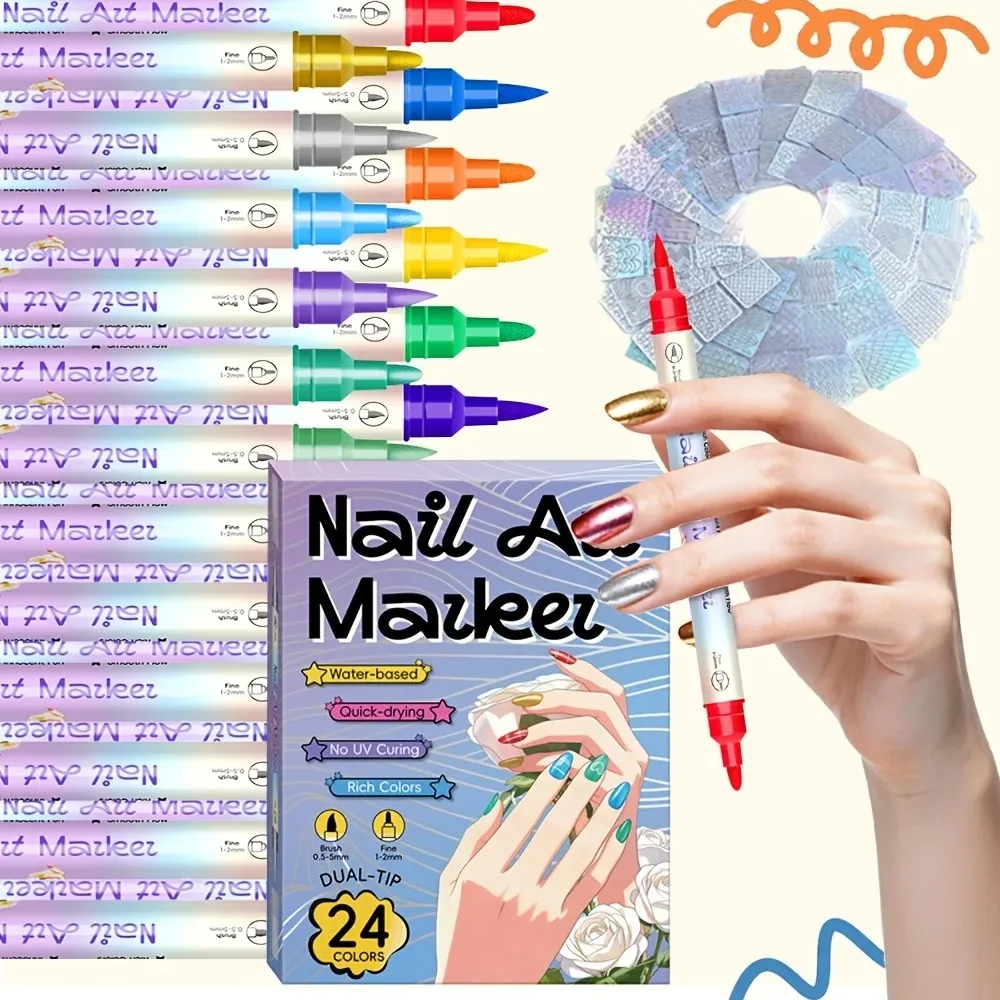 24 Colors Dual Ended Nail Art Pens Set With Nail Stencils Fine Tip Brush Tip Drawing Markers DIY Manicure Painting Tools