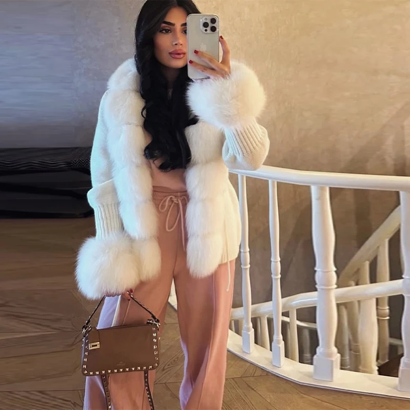 

Elegant Faux Fur Patchwork Sweater Coat for Women Lapel Furry Collar Slim Lace-Up Knitted Cardigans 2025 New Autumn Lady Coats