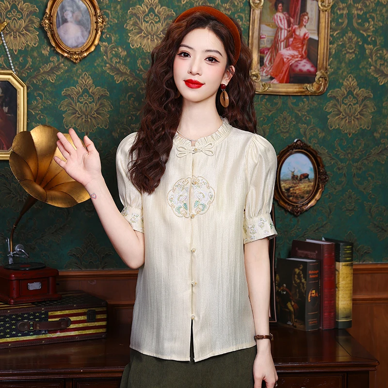 Summer Short Sleeve Stand Collar Women Shirt Embroidery Chiffon Shirt Blouse Women Tops Blusas Mujer De Moda 2024 Verano K116