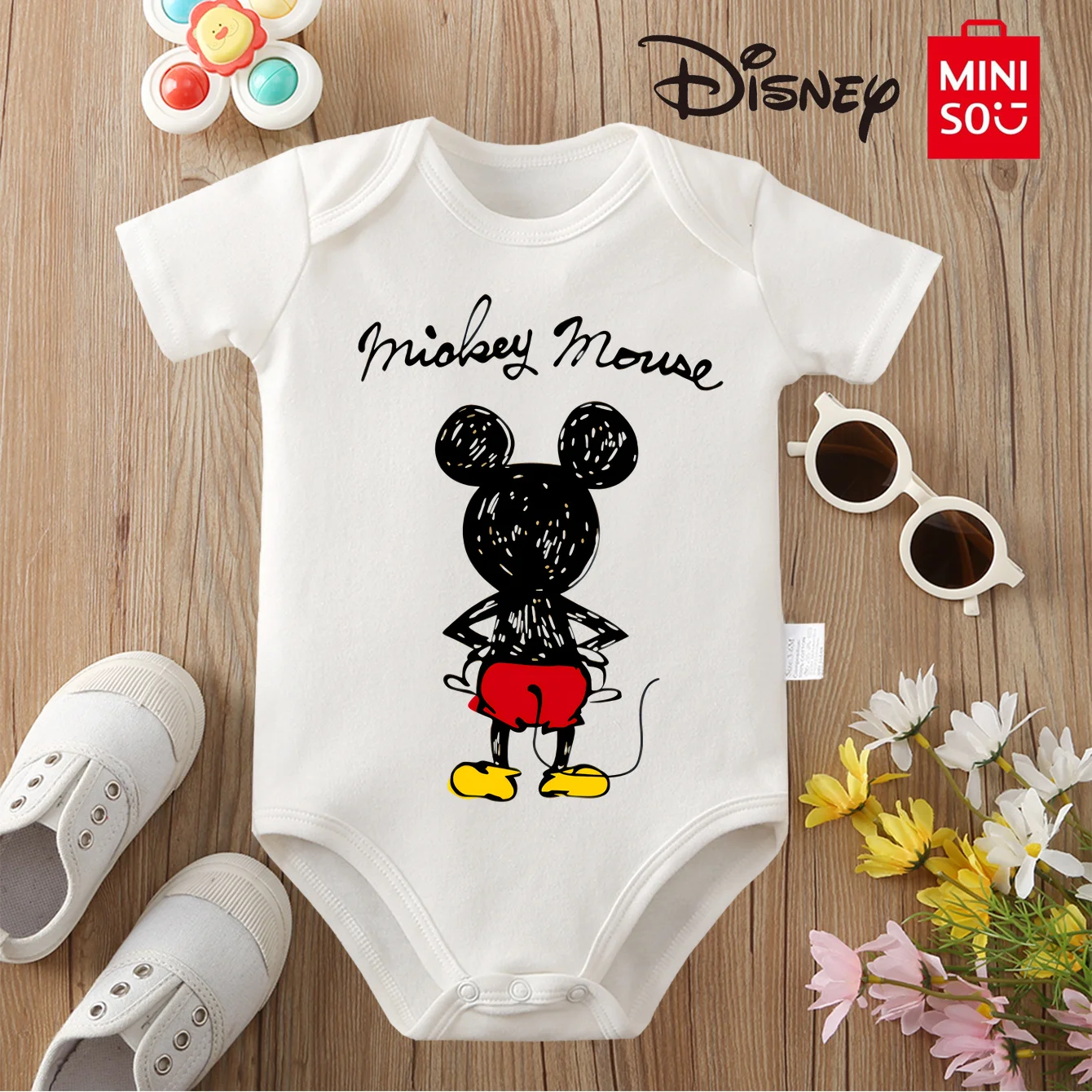 

MINISO&Disney Jointly Signed 100% Cotton Baby Clothe Baby Onesie Bodysuit Mickey Mouse Cute Print for 0 To 12 Months Newborn