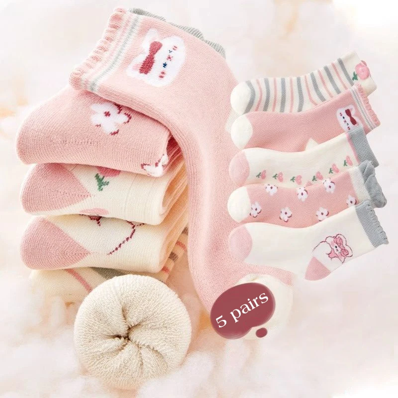 5Pairs Kids Girl Winter Warm Socks Pink Rabbit Plush Sock Thick Velvet Anti-Cold Baby Footwear 0-8Year Children Middle Tube Sock