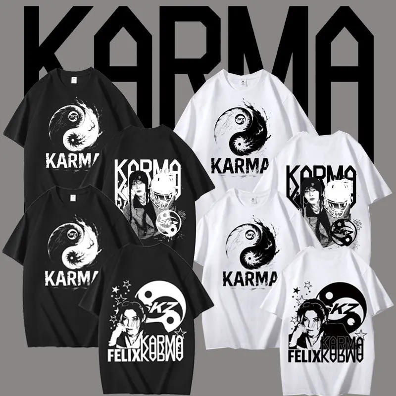 تي شيرت KPOP The 4th Album KARMA كبير الحجم تي شيرت FELIX BANGCHAN CHANGBIN HYUNJIN SEUNGMIN LEE KNOW K-POP تي شيرت جرافيك بأكمام قصيرة