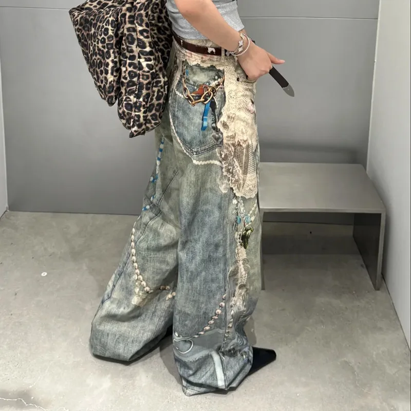 MWJLPWQ الدانتيل اللؤلؤ سلسلة ثلاثية الأبعاد مطبوعة الذكور تصميم الجينز شارع العليا مستقيم بنطال ذو قصة أرجل واسعة للجنسين 2025 الخريف موضة جديدة 21054