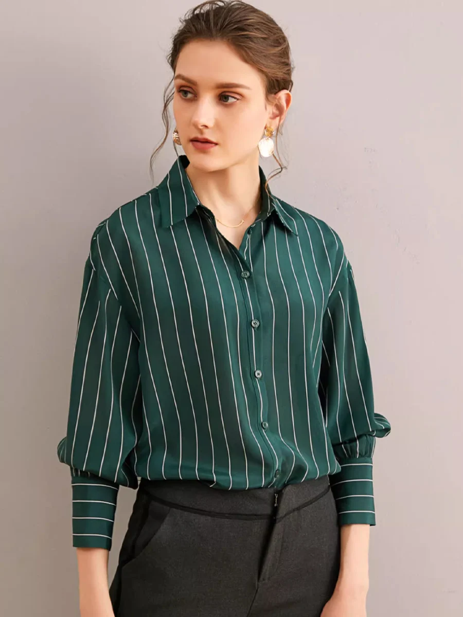 SuyaDream, Women Stripes Shirts, 100%Real Silk, Turn Down Collar, Green Chic Blouses, 2024 Spring Summer Office Lady Top