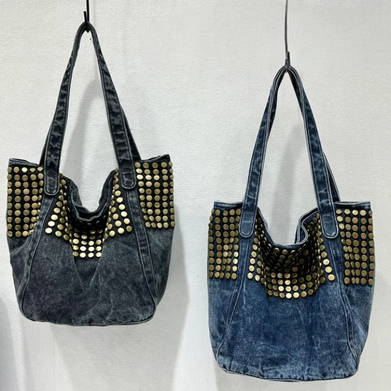

Denim Polka Dot Rivet Underarm Shoulder Bag,Designer Metal Studded Women Tote Bag,Vintage Motorcycle Punk Large Capacity Handbag