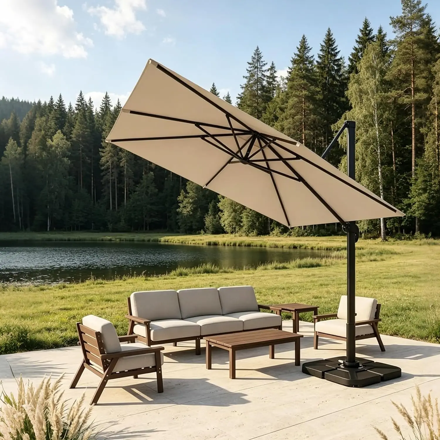 Rectangle Patio Umbrella with Base Cantilever Patio Umbrella,beige | 10' X 13' Rectangular,360° Rotation, Customized