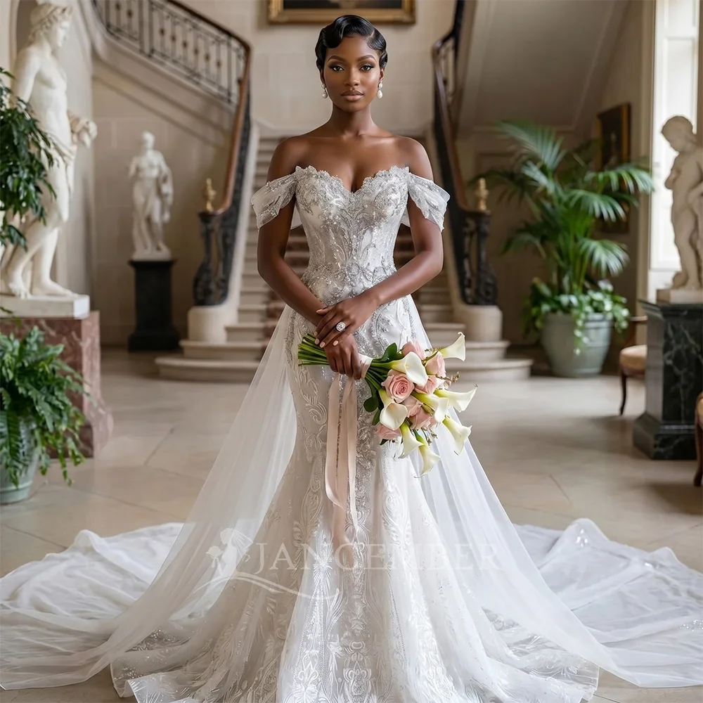 

Glitter Pearls Off Shoulder Wedding Dress Elegant Mermaid Floor-length Bridal Gown Customized Scoop Neck Dresses For Bride