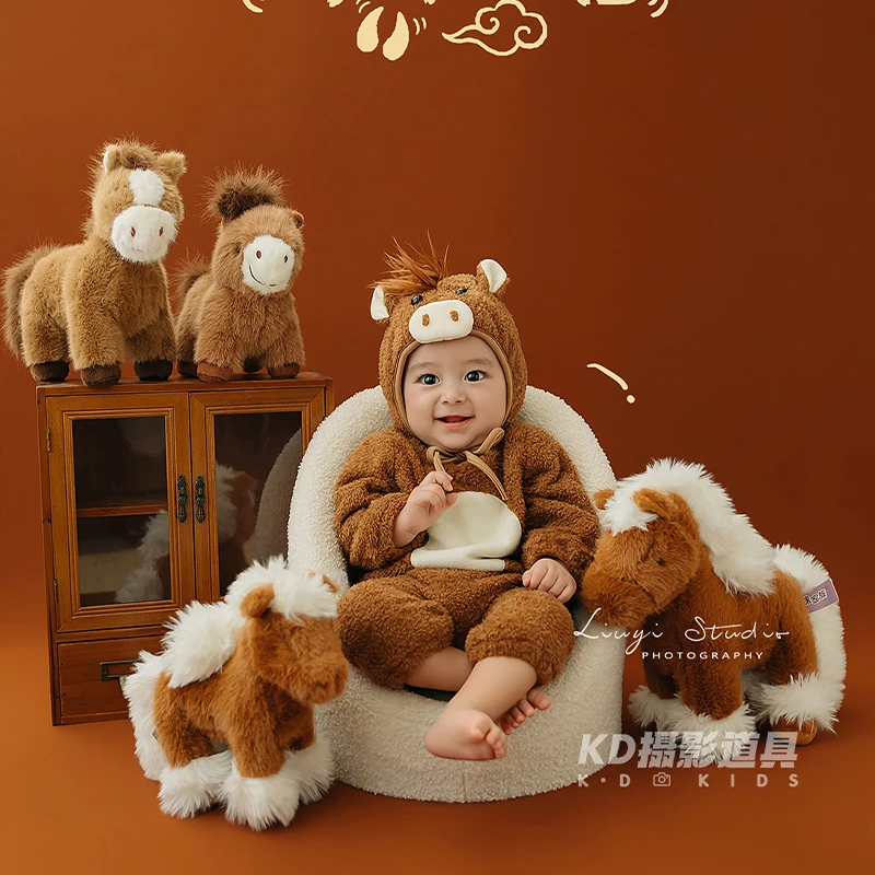 100-Days Celebration Theme Newborn Photography Props Pony-Shaped Romper and Matching Poney Dolls Studio Baby Photoshoot Outfit