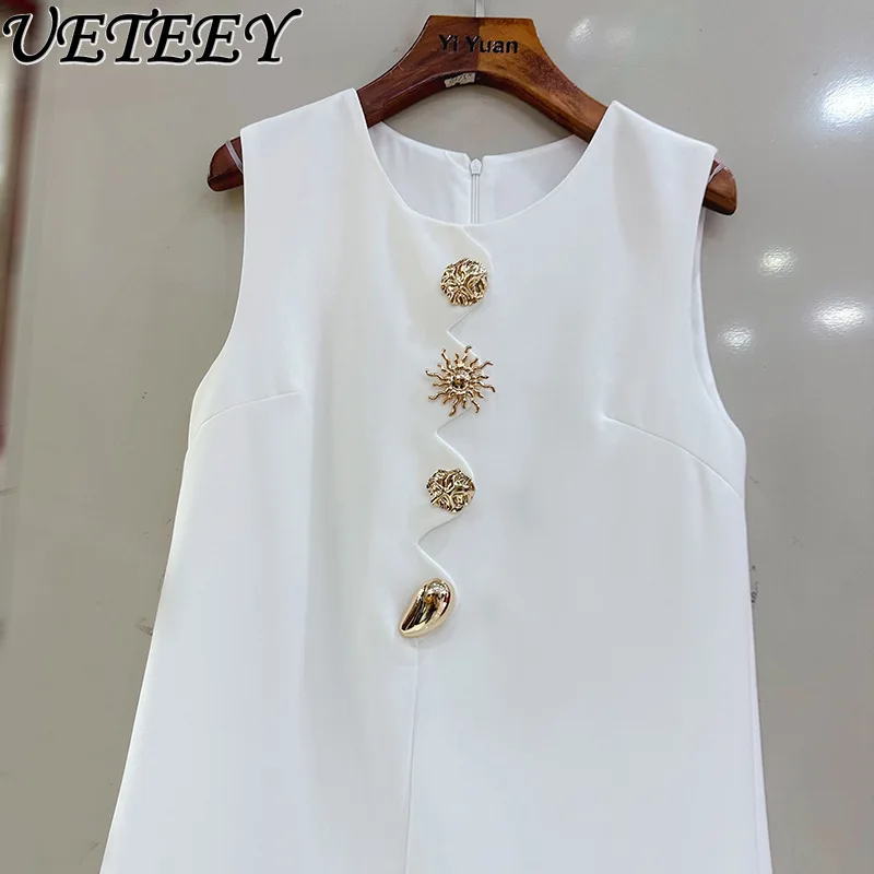 Nicho exquisito botón cuello redondo cintura alta adelgazante vestido sin mangas para mujeres elegante único nuevo estilo camiseta sin mangas vestidos cortos