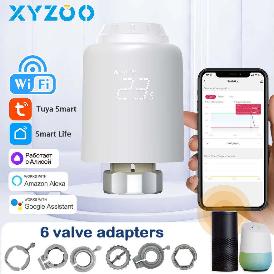 Tuya WiFi Thermostatic Radiator Head Smart Thermostat Actuator Valve Temperature Heating Controller Works With Alexa Google Home