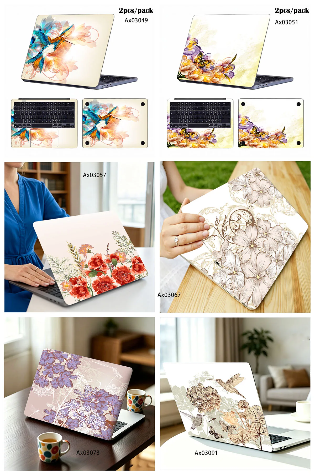 Watercolor Hummingbird Butterfly Floral Laptop Skin Sticker 2Pcs/Pack Anti Scratch Protective Resizable 15.07*10.82 Inch Sticker