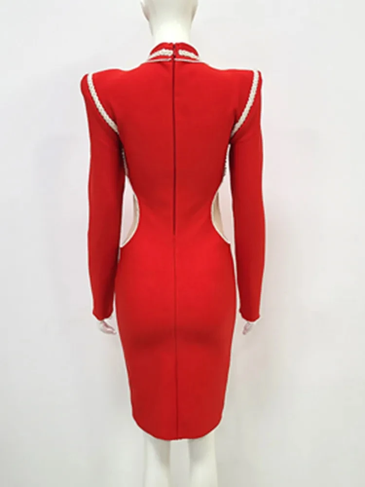 Women's Turtleneck Long Sleeve Red Midi Bodycon Bandage Prom Dress 2024 Winter Sexy Elegant Party Stage Performance Dresses