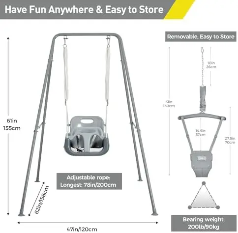 2 in 1 Swing Set for Toddler & Baby Jumper, Heavy Duty Kids Swing & r with 4 Sandbags, Foldable Metal Stand for