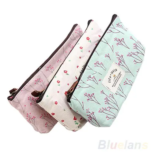 Flower Pattern Canvas Pencil Pen Case Cosmetic Makeup Bag Storage Pouch Purse