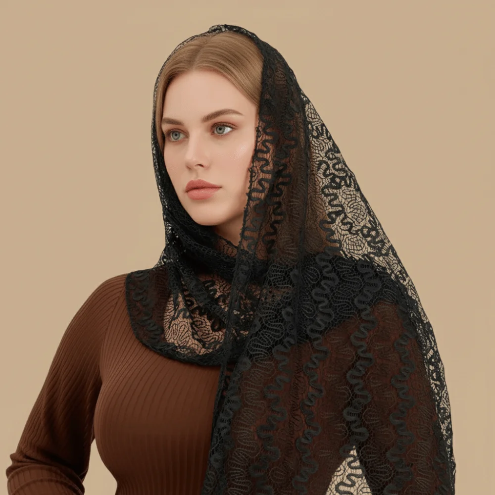 Women's Fashion Ethnic Style Tulle Headscarf Striped Hollow-out Lace Scarf Elegant Tassel Shawl Evening Prom Party