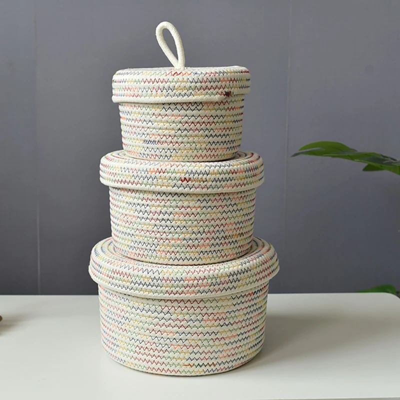 Storage Baskets With Lids - Set Of 3 Decorative Baskets For Shelves And Coffee Table - Natural Cotton Rope Lidded Basket