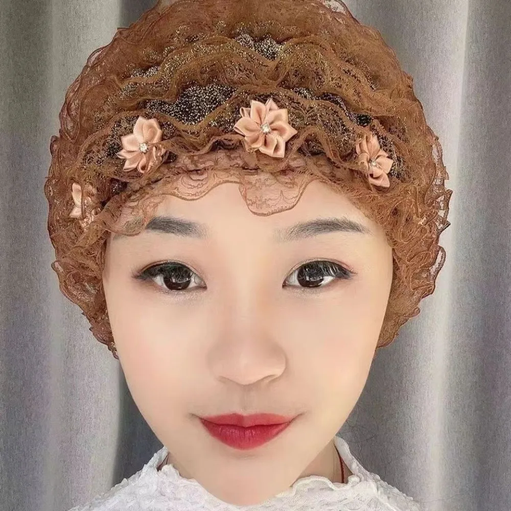 Fashion Lace Mesh Turban Acrylic Fibers Without Eaves Muslim Flower Headscarf Cap