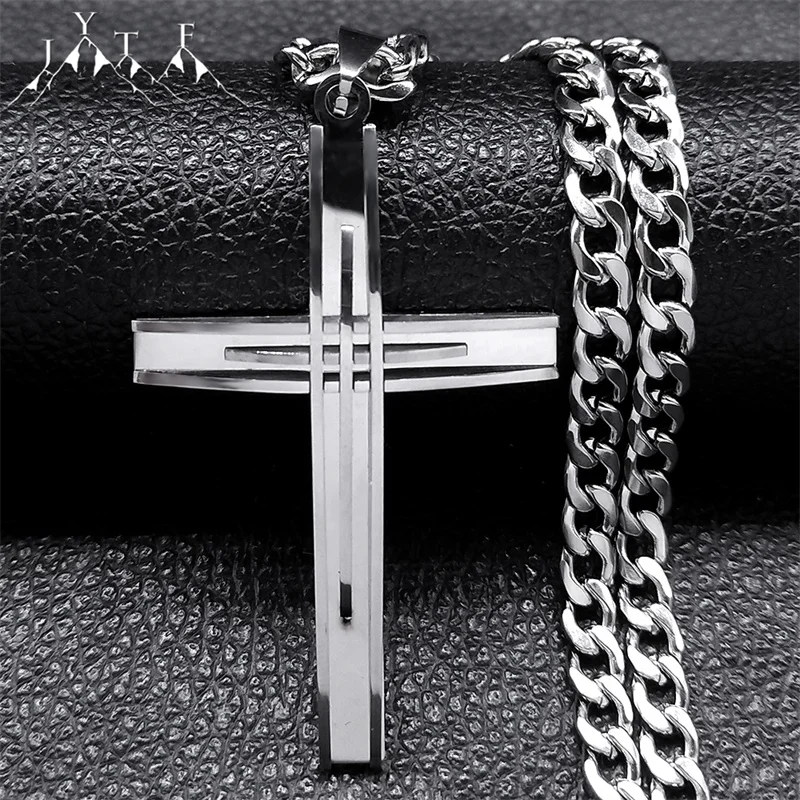 Hip Hop Faith Big Cross Religious Necklace Stainless Steel Chain for Men Rock Crucifix Pendant Necklace Party Jewelry Accessory