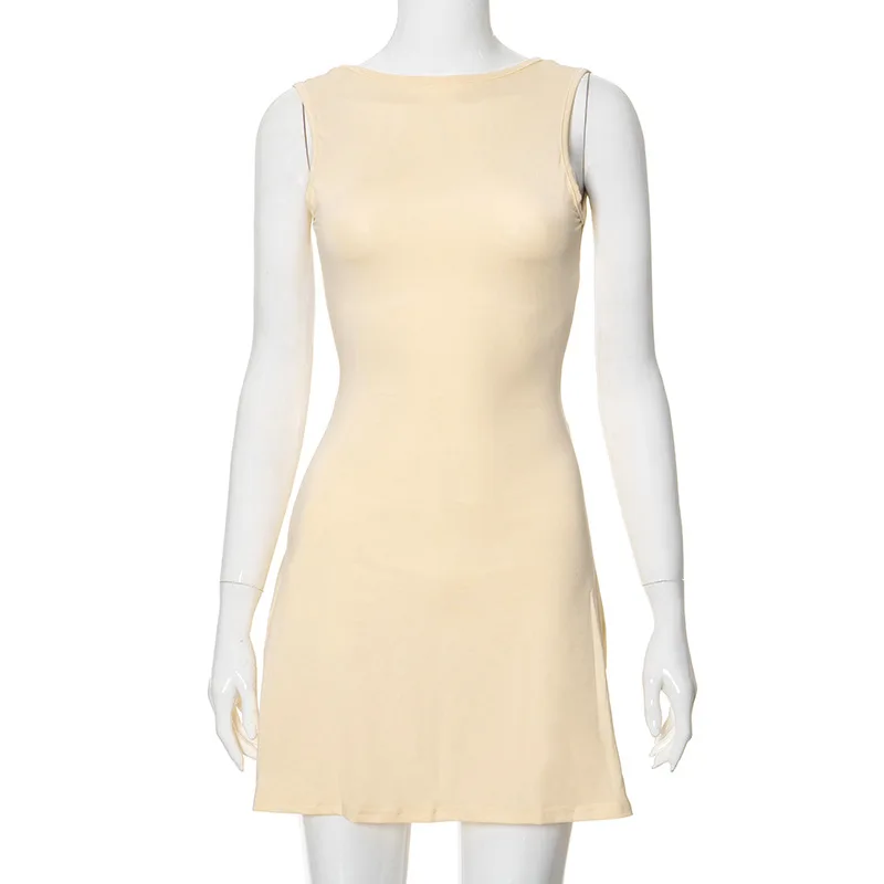 2026 Sommer ärmelloses, figurbetontes Minikleid, lässig, einfarbig, Rundhalsausschnitt, schmale Passform, Partykleider, Y2k, rückenfreies Streetwear-Kleid